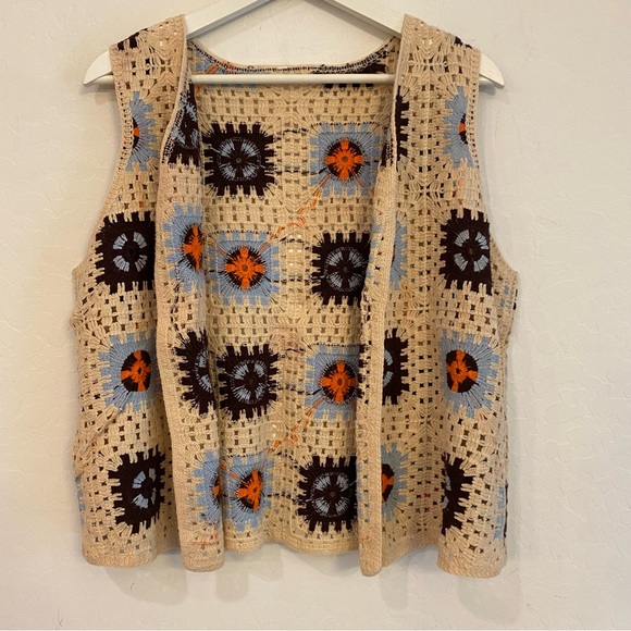 Vintage Jackets & Blazers - Vintage Granny Square Crochet Knit Vest Cream Brown Blue
